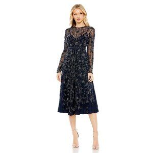 Mac Duggal Beaded Illusion High Neck Long Sleeve A-Line Gown in Navy Size 18